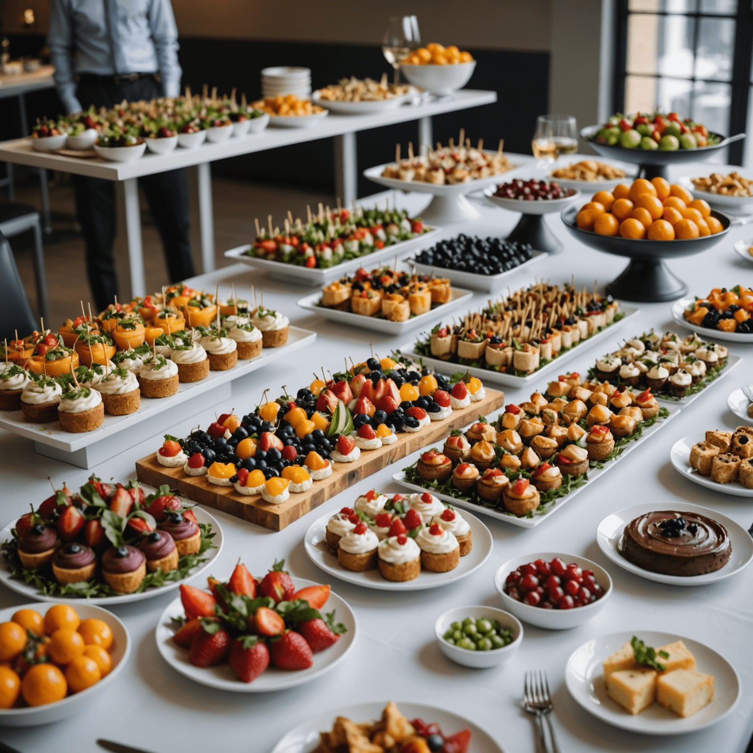 A beautifully presented corporate catering spread featuring a variety of colorful dishes, appetizers, and desserts arranged on a long table in a modern office setting