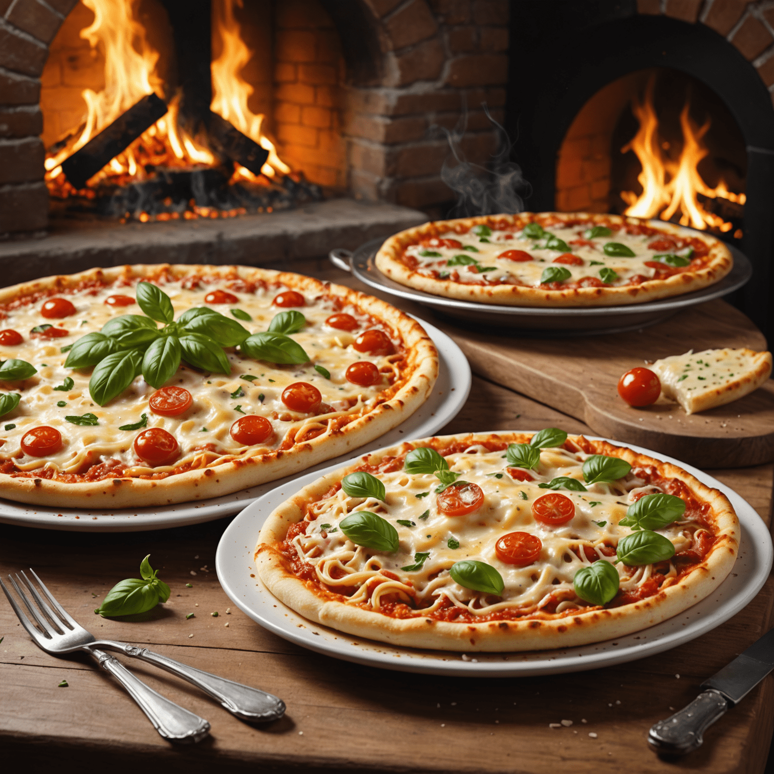 A steaming plate of spaghetti carbonara next to a wood-fired margherita pizza, representing Italian cuisine