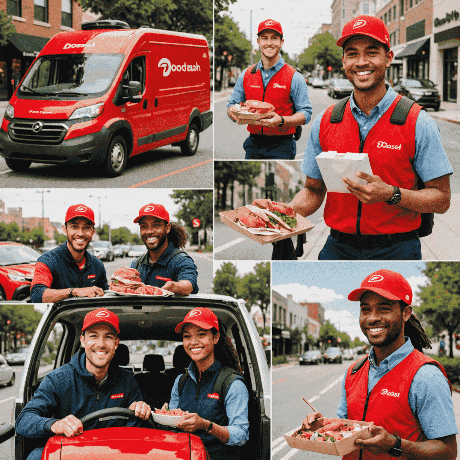 Collage of diverse DoorDash drivers smiling and delivering food in various settings