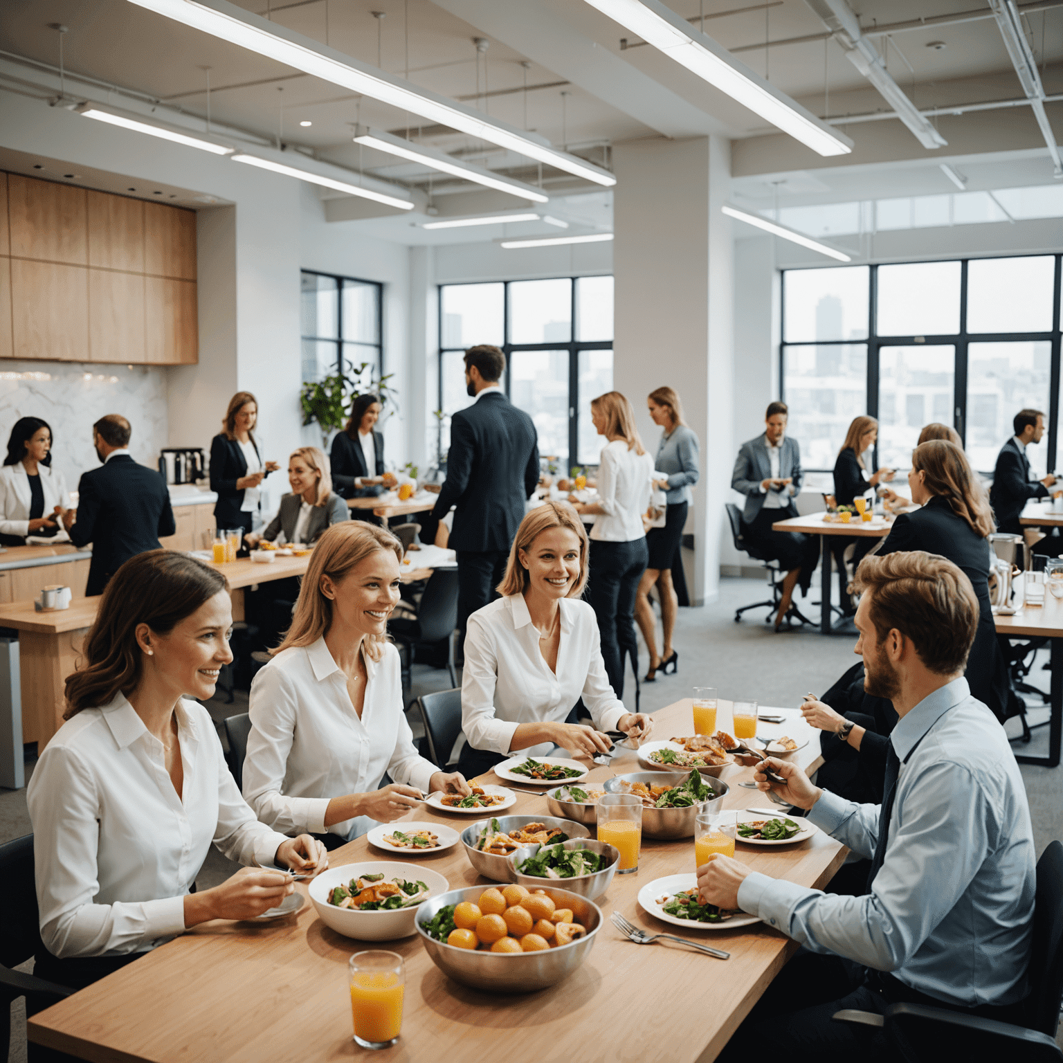 A group of professionals enjoying a catered lunch in a bright, modern office space