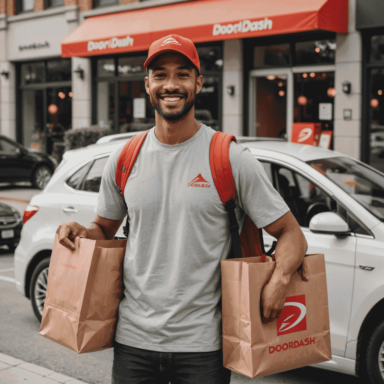 A smiling DoorDash driver holding a delivery bag, standing in front of their car
