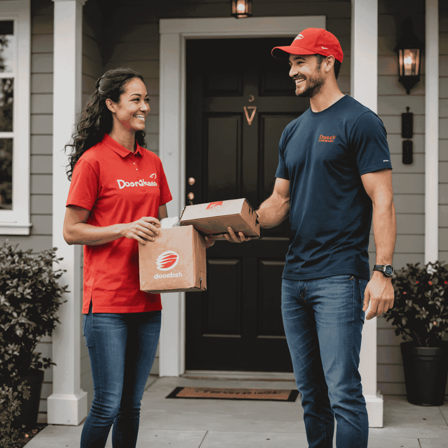 A smiling DoorDash delivery person handing over a food package to a happy customer at their front door